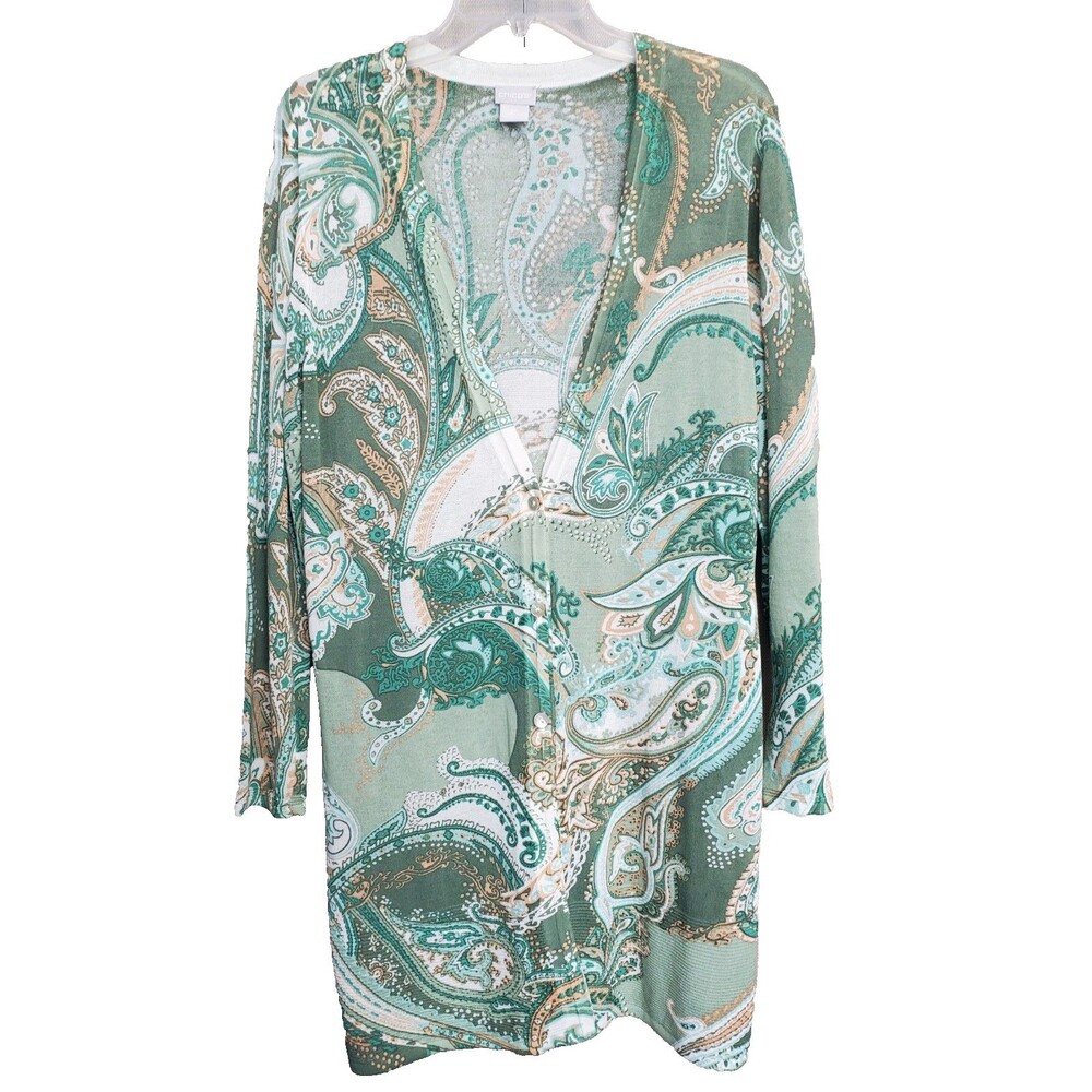 Chicos Cotton Blend Green Paisley Longline Button-Up Cardigan Lightweight 3P XLP